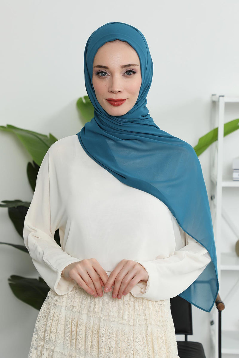 Women Instant Chiffon Shawl Modesty Turban Hijab Head Wrap Ready to Wear Women Headscarf made from Chiffon Fabric with Color Options,PS-11 Petrol Blue