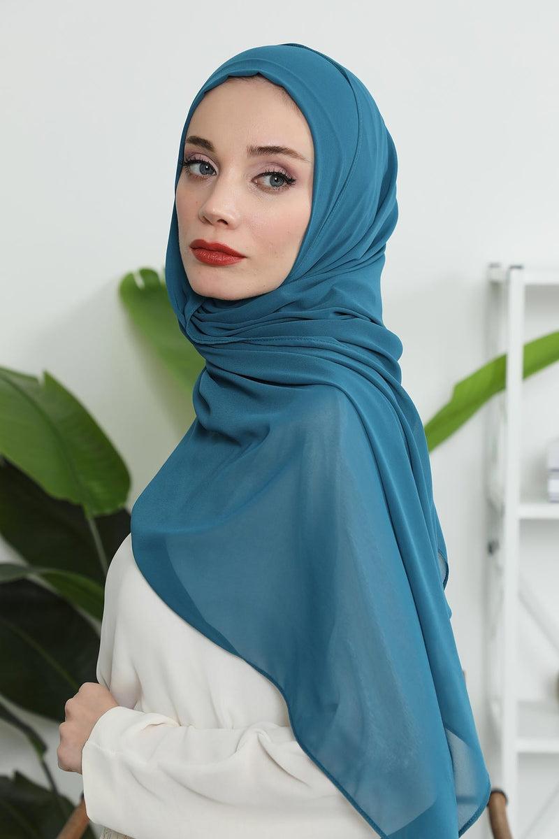 Women Instant Chiffon Shawl Modesty Turban Hijab Head Wrap Ready to Wear Women Headscarf made from Chiffon Fabric with Color Options,PS-11 Petrol Blue