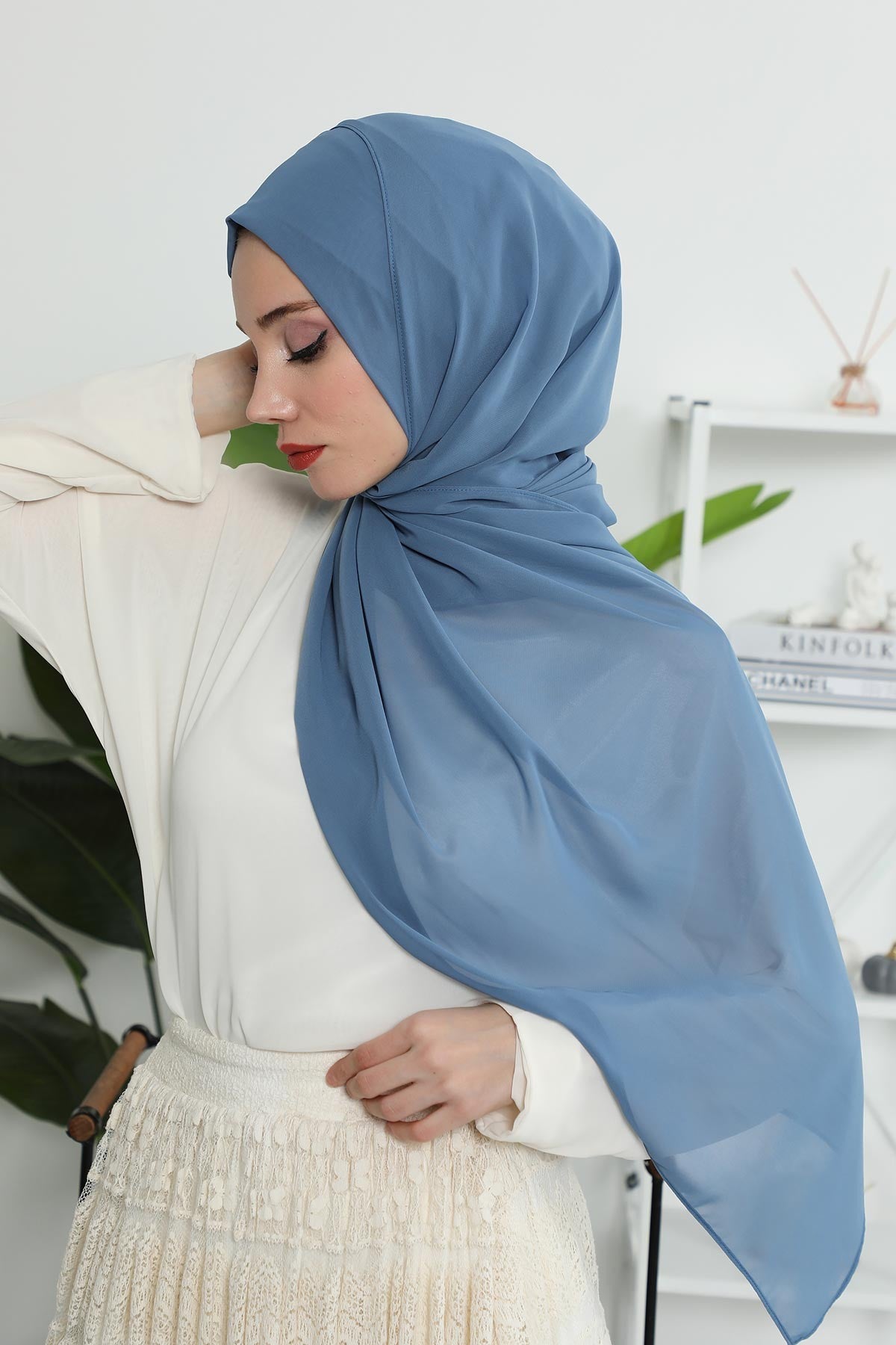 Women Instant Chiffon Shawl Modesty Turban Hijab Head Wrap Ready to Wear Women Headscarf made from Chiffon Fabric with Color Options,PS-11 İndigo