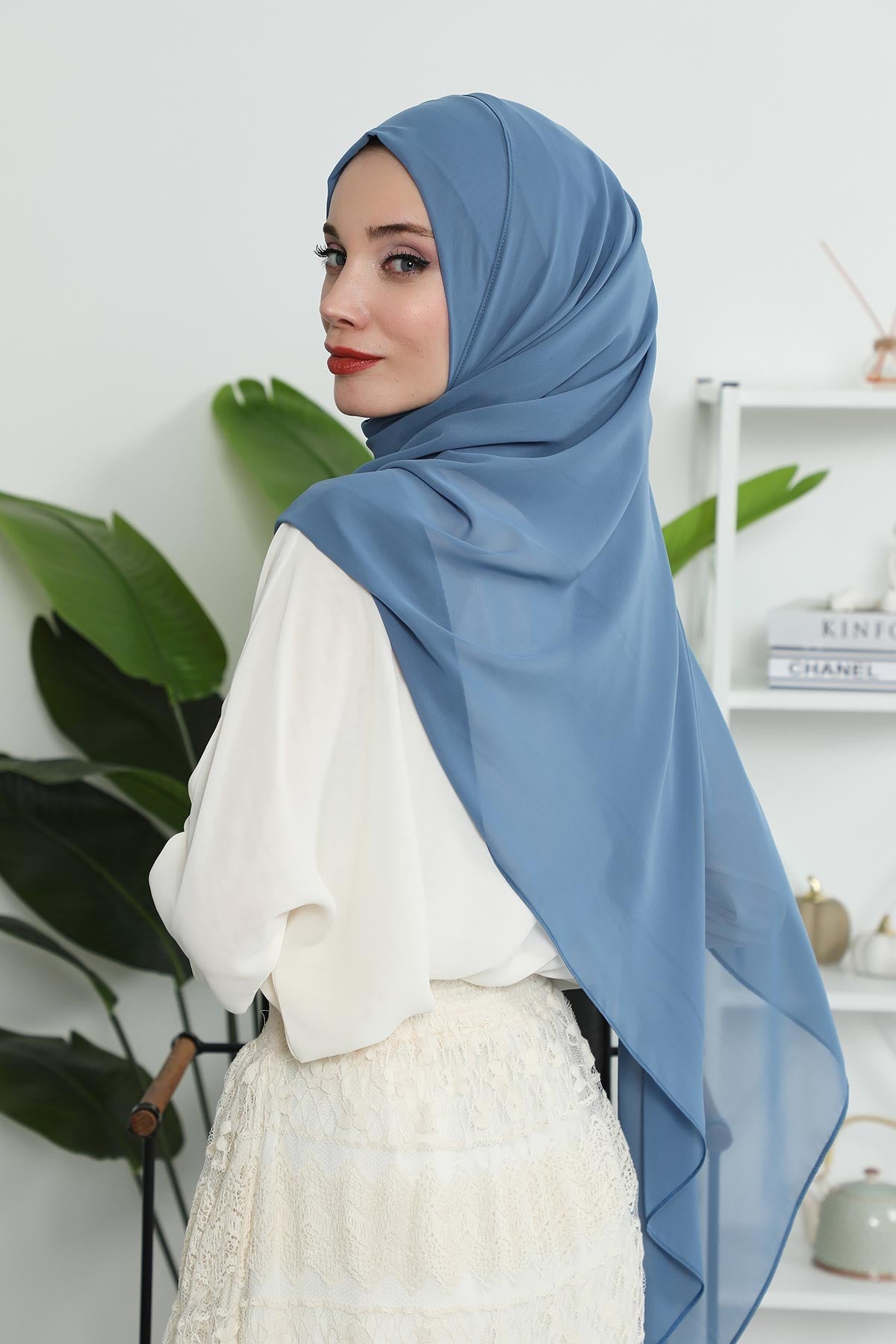 Women Instant Chiffon Shawl Modesty Turban Hijab Head Wrap Ready to Wear Women Headscarf made from Chiffon Fabric with Color Options,PS-11 İndigo