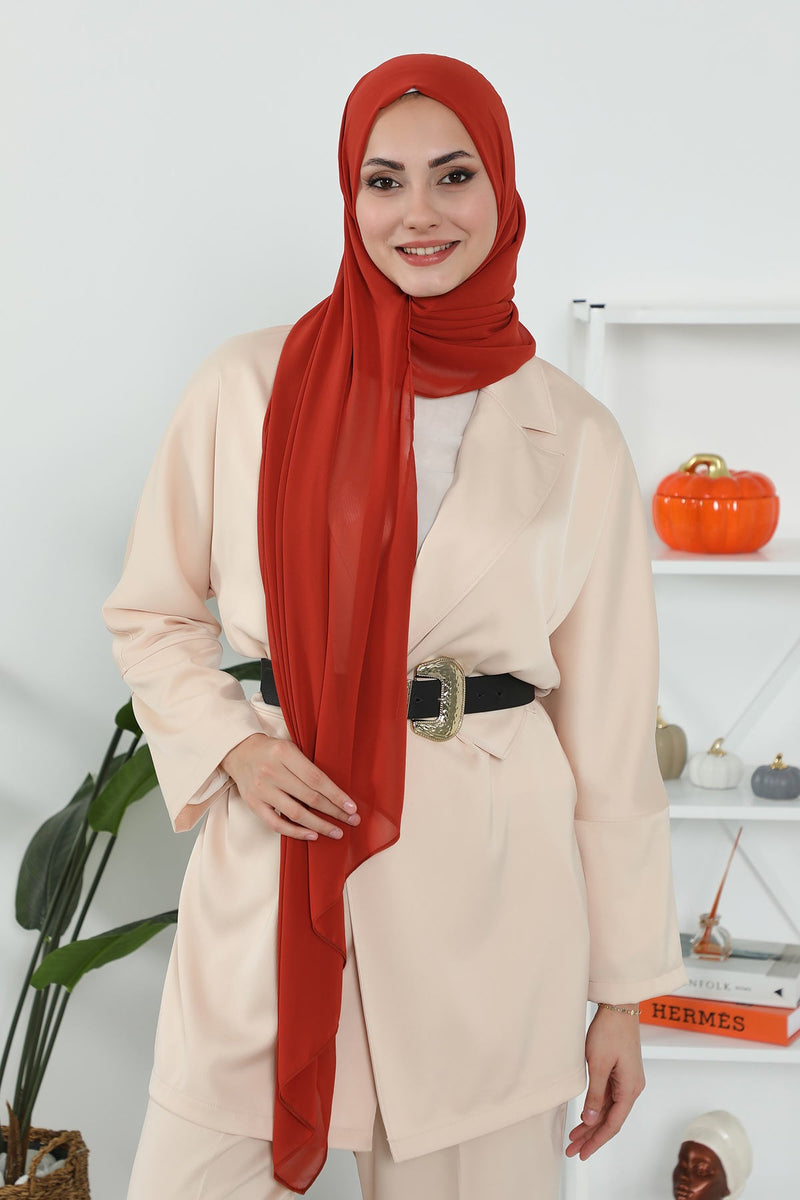 Women Instant Chiffon Shawl Modesty Turban Hijab Head Wrap Ready to Wear Women Headscarf made from Chiffon Fabric with Color Options,PS-11 Tile Red