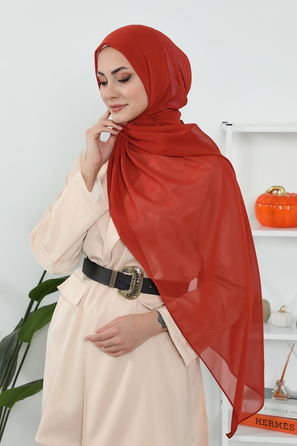 Women Instant Chiffon Shawl Modesty Turban Hijab Head Wrap Ready to Wear Women Headscarf made from Chiffon Fabric with Color Options,PS-11 Tile Red