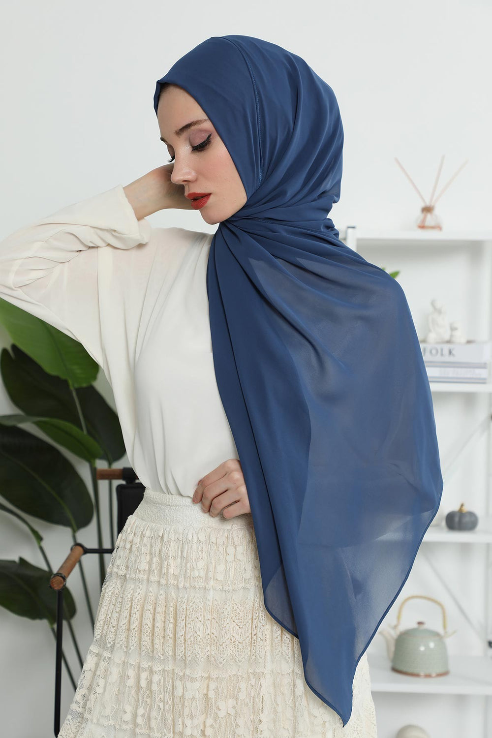 Women Instant Chiffon Shawl Modesty Turban Hijab Head Wrap Ready to Wear Women Headscarf made from Chiffon Fabric with Color Options,PS-11 Dark Blue