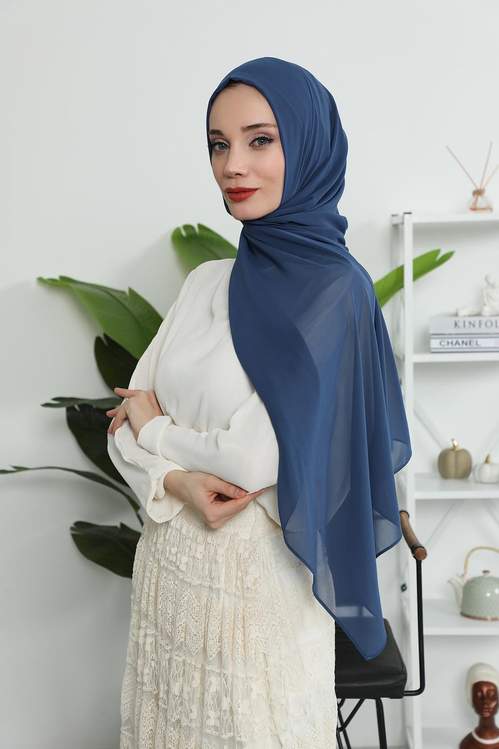 Women Instant Chiffon Shawl Modesty Turban Hijab Head Wrap Ready to Wear Women Headscarf made from Chiffon Fabric with Color Options,PS-11 Dark Blue