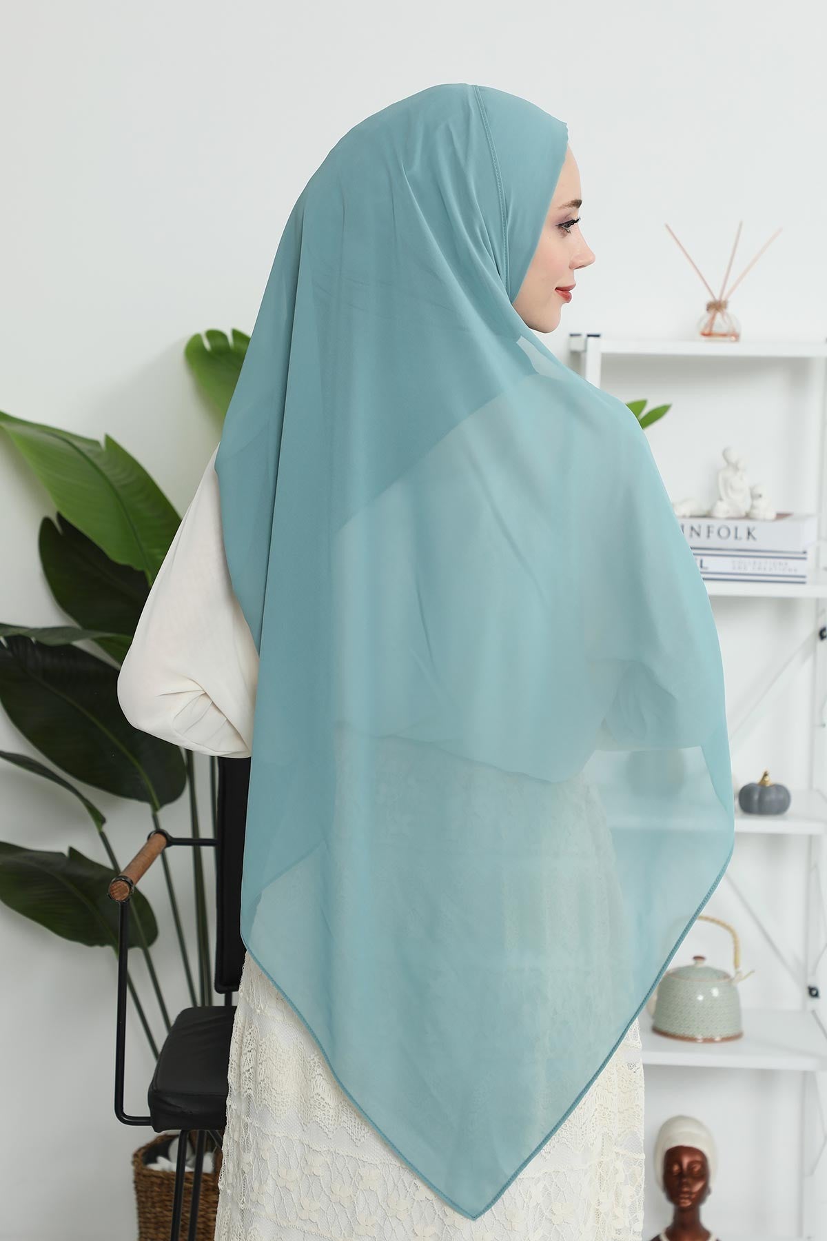 Women Instant Chiffon Shawl Modesty Turban Hijab Head Wrap Ready to Wear Women Headscarf made from Chiffon Fabric with Color Options,PS-11 Almond Green