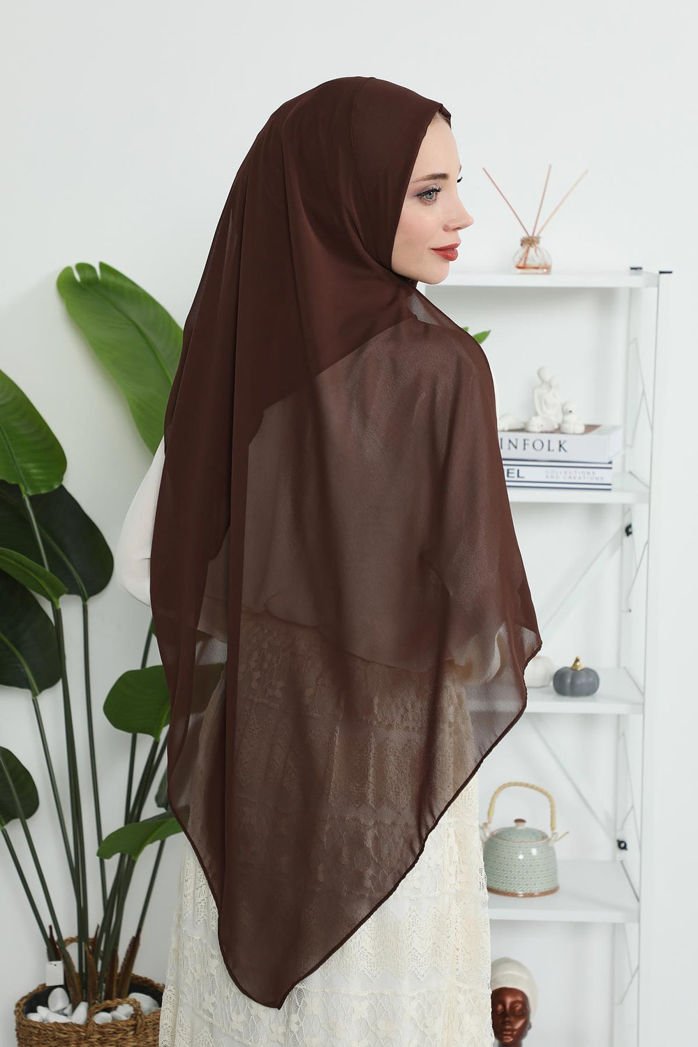 Women Instant Chiffon Shawl Modesty Turban Hijab Head Wrap Ready to Wear Women Headscarf made from Chiffon Fabric with Color Options,PS-11 Brown