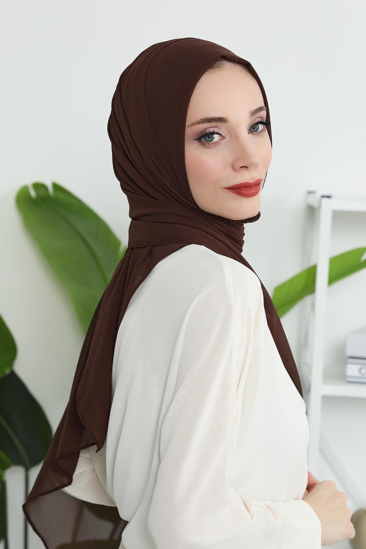 Women Instant Chiffon Shawl Modesty Turban Hijab Head Wrap Ready to Wear Women Headscarf made from Chiffon Fabric with Color Options,PS-11 Brown