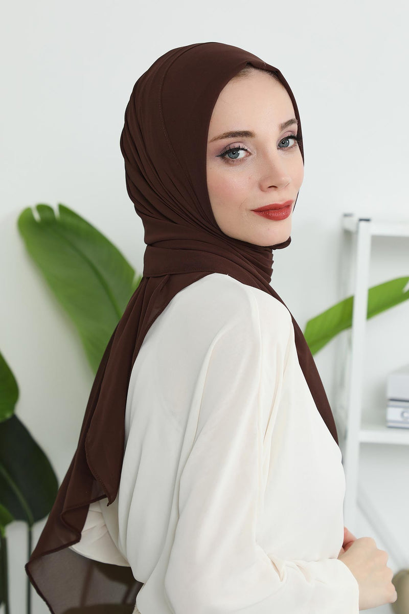 Women Instant Chiffon Shawl Modesty Turban Hijab Head Wrap Ready to Wear Women Headscarf made from Chiffon Fabric with Color Options,PS-11 Brown
