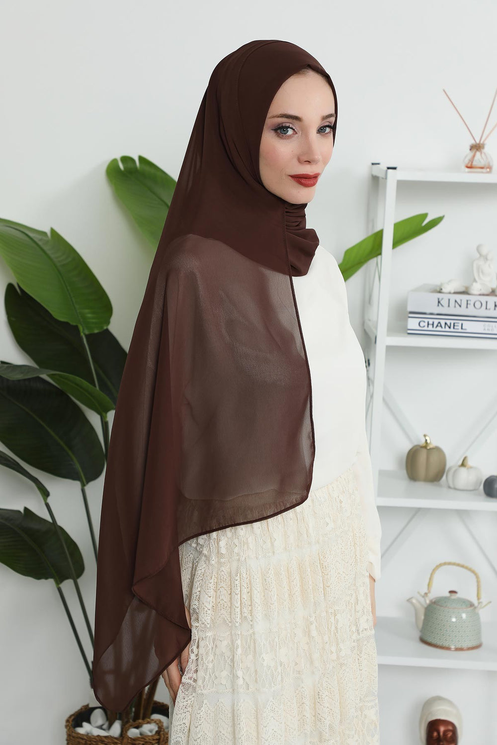 Women Instant Chiffon Shawl Modesty Turban Hijab Head Wrap Ready to Wear Women Headscarf made from Chiffon Fabric with Color Options,PS-11 Brown