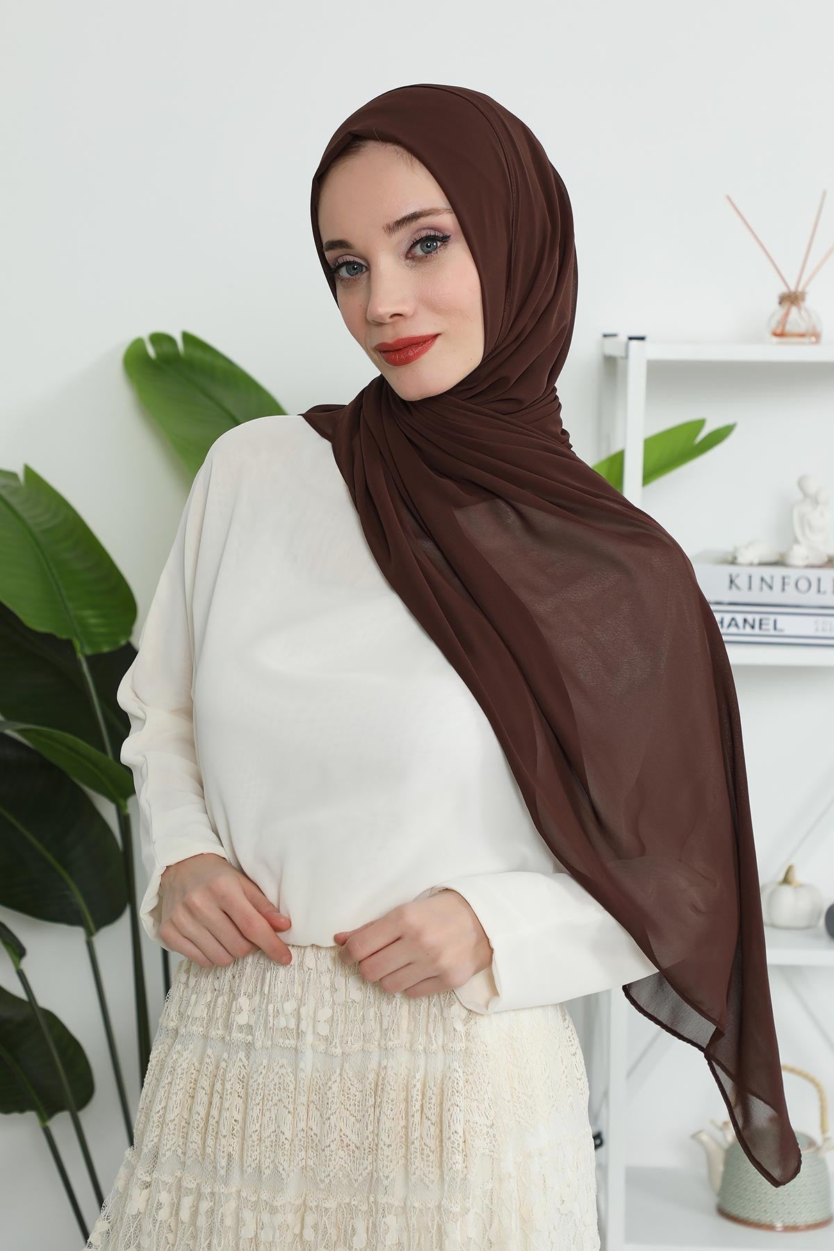 Women Instant Chiffon Shawl Modesty Turban Hijab Head Wrap Ready to Wear Women Headscarf made from Chiffon Fabric with Color Options,PS-11 Brown