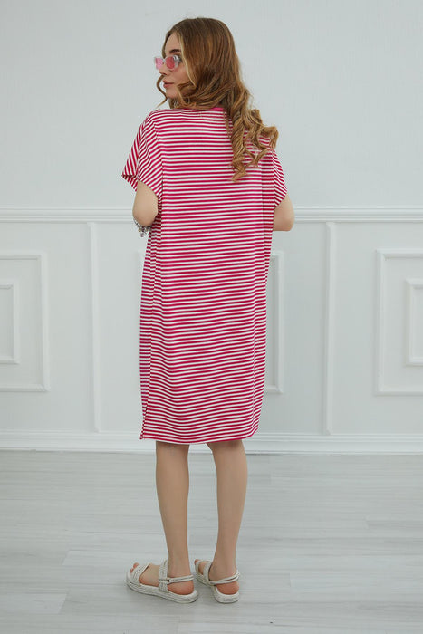Damen Kurzarm Seitenschlitz Lässiger Pullover Baumwolle Damen Sommerkleid mit Streifen Lässiges kurzes Kleid für Damen Modern Fashion Cloth,ELB-4C