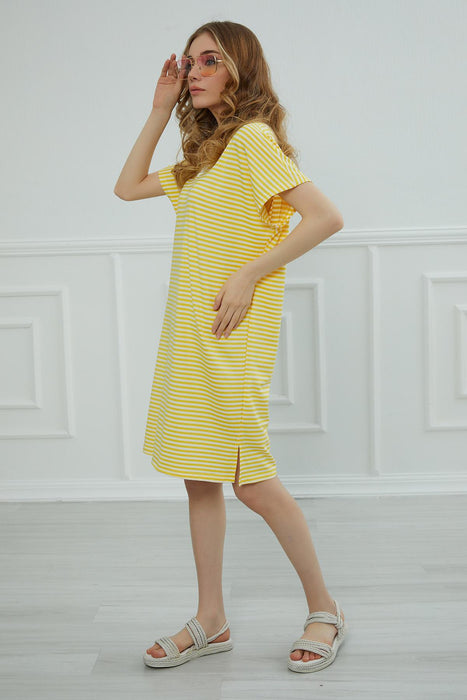 Damen Kurzarm Seitenschlitz Lässiger Pullover Baumwolle Damen Sommerkleid mit Streifen Lässiges kurzes Kleid für Damen Modern Fashion Cloth,ELB-4C