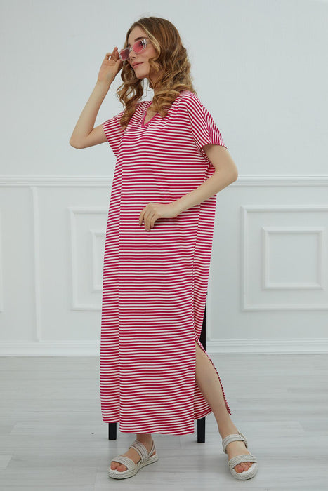 Damen Kurzarm Seitenschlitz Lässiger Pullover Baumwolle Damen Sommer Maxikleid mit Streifen Lässiges lockeres langes Kleid, ELB-3C
