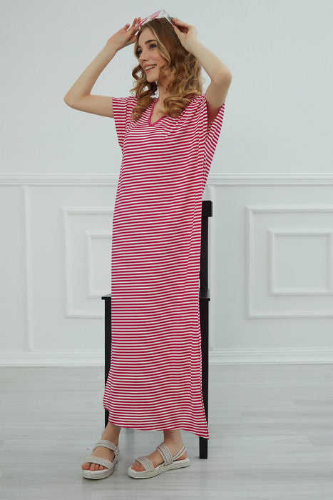 Damen Kurzarm Seitenschlitz Lässiger Pullover Baumwolle Damen Sommer Maxikleid mit Streifen Lässiges lockeres langes Kleid, ELB-3C