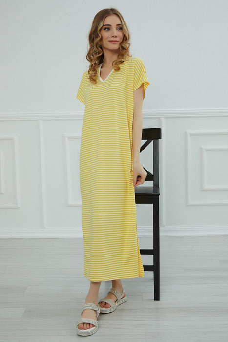 Women s Short Sleeve Side Split Casual Pullover Cotton Women s Summer Maxi Dress with Stripes Casual Loose Long Dress,ELB-3C