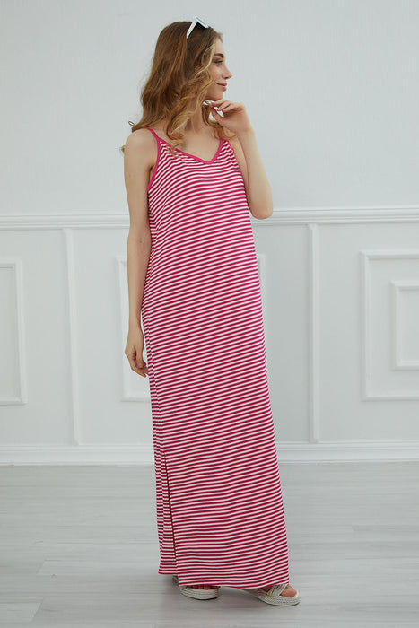 Women s Side Split Casual Pullover Cotton Women s Summer Strappy Maxi Dress with Stripes Casual Loose Long Dress,ELB-6C