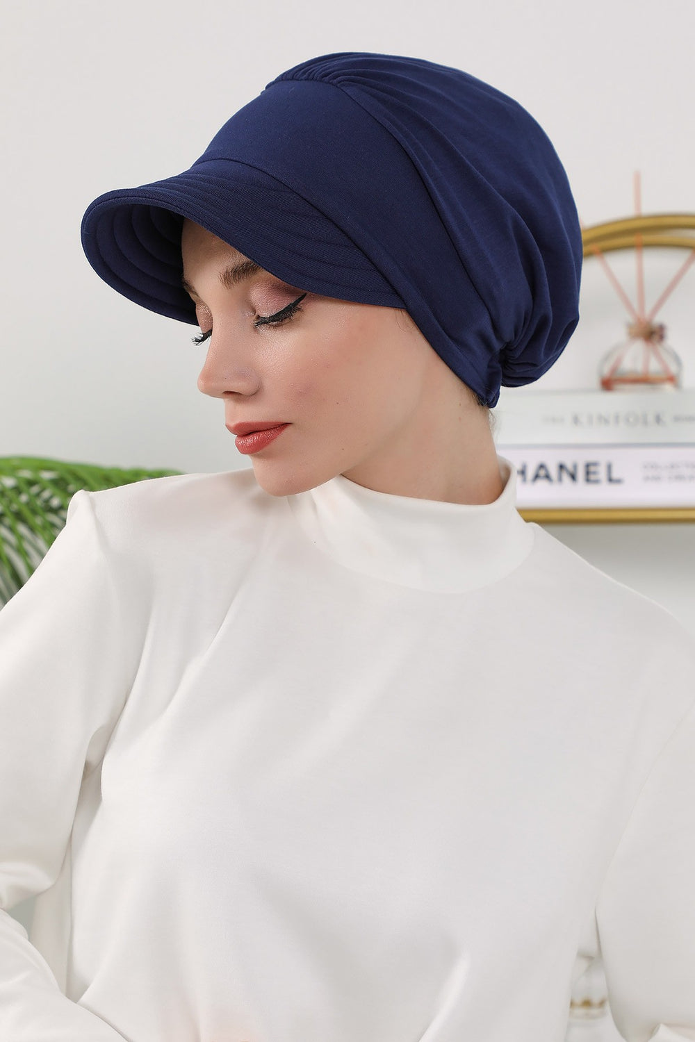 Women’s Turban Hat with Sun Visor, All Seasons Visor Turban Hat Headscarf for Women, Comfortable One Size Modest Head Cover,B-73O Navy Blue