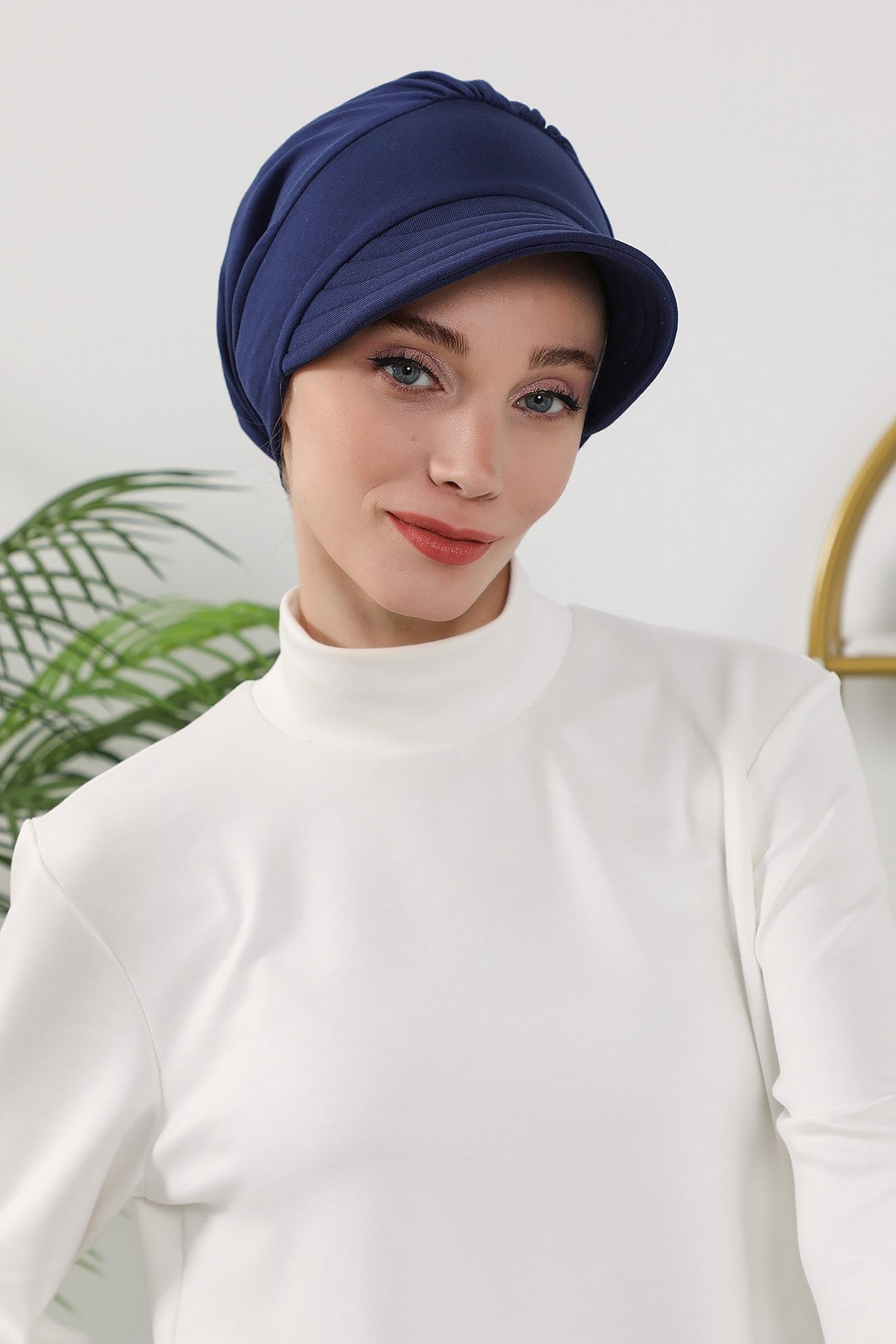 Women’s Turban Hat with Sun Visor, All Seasons Visor Turban Hat Headscarf for Women, Comfortable One Size Modest Head Cover,B-73O Navy Blue