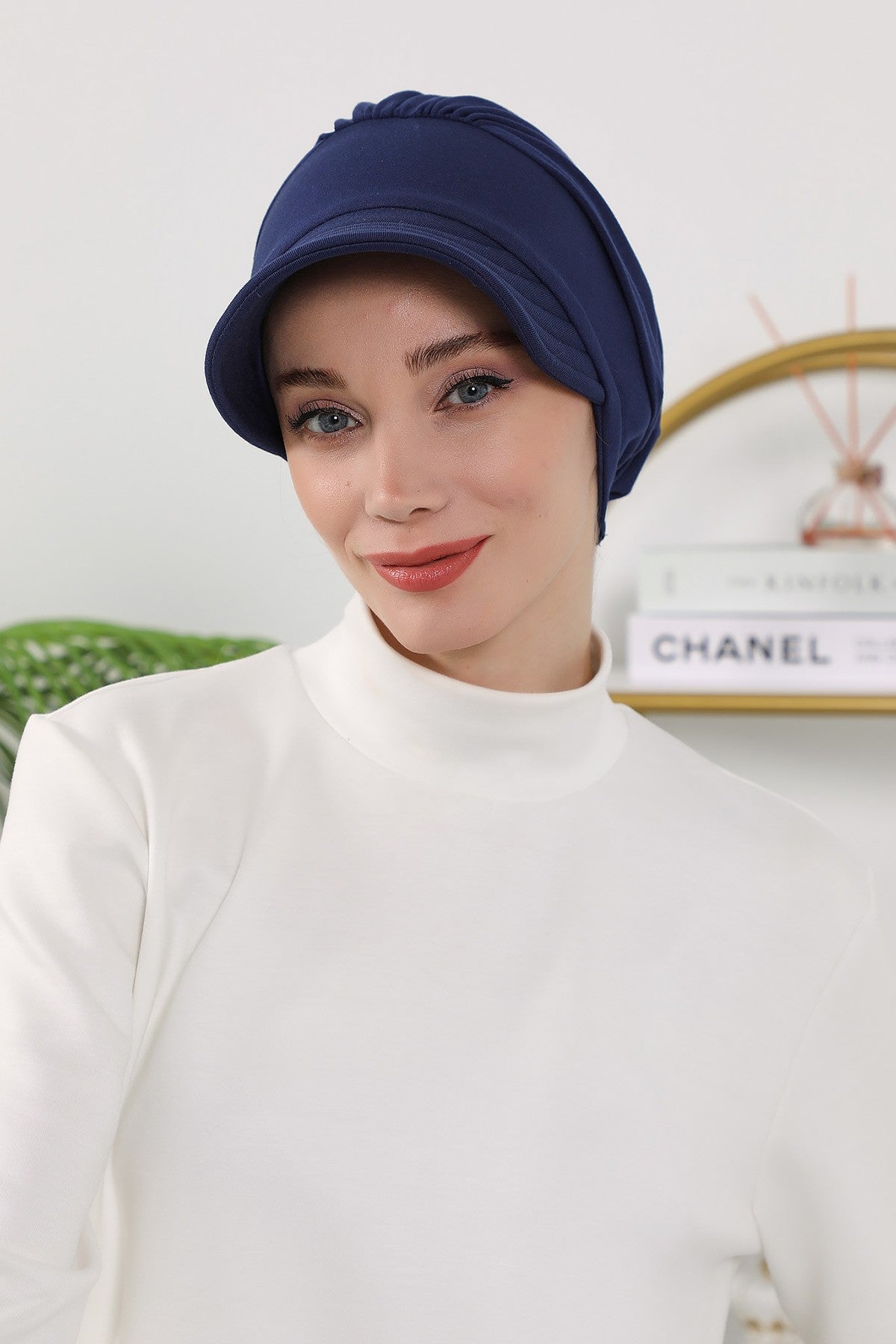 Women’s Turban Hat with Sun Visor, All Seasons Visor Turban Hat Headscarf for Women, Comfortable One Size Modest Head Cover,B-73O Navy Blue
