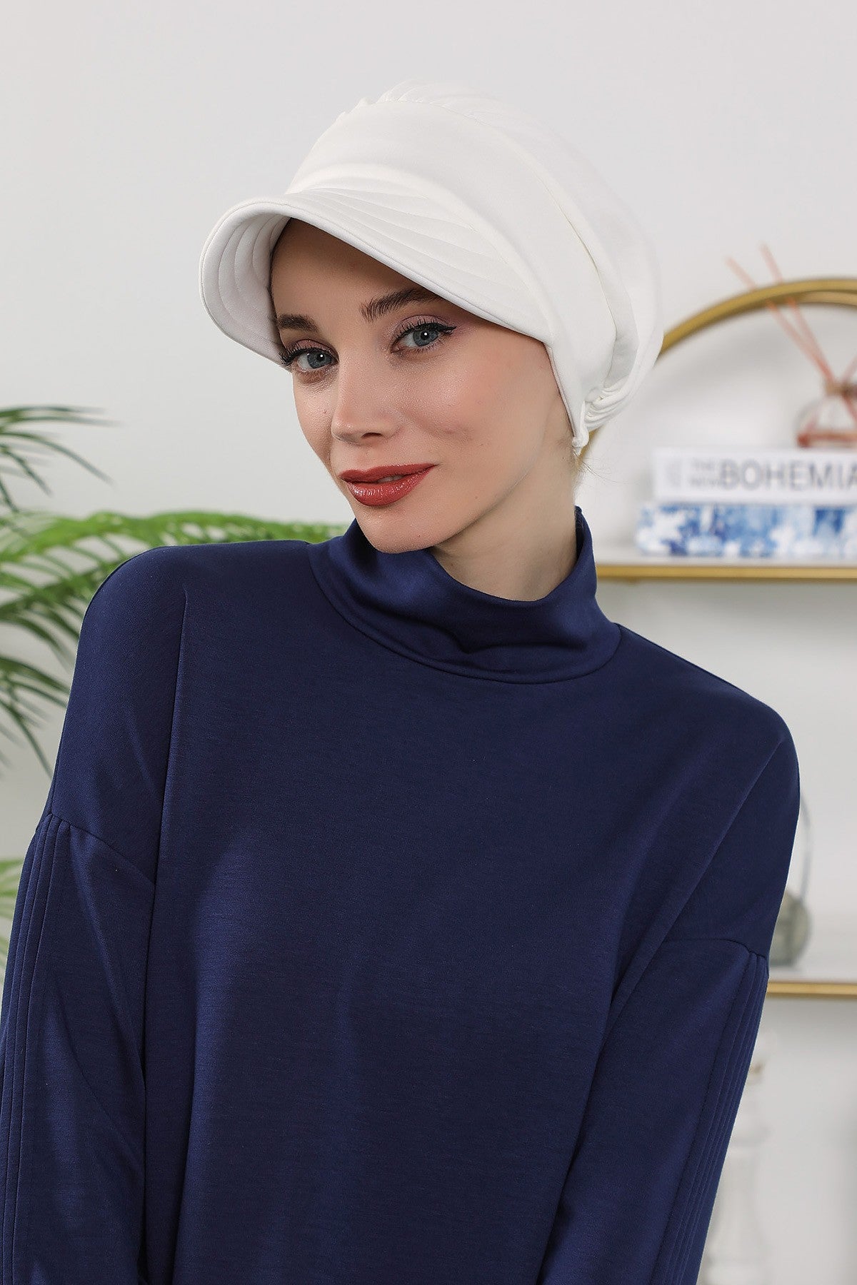 Women’s Turban Hat with Sun Visor, All Seasons Visor Turban Hat Headscarf for Women, Comfortable One Size Modest Head Cover,B-73O Ecru