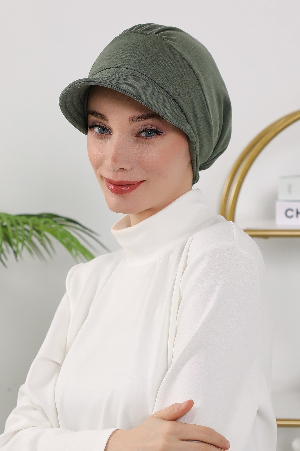 Women’s Turban Hat with Sun Visor, All Seasons Visor Turban Hat Headscarf for Women, Comfortable One Size Modest Head Cover,B-73O Army Green