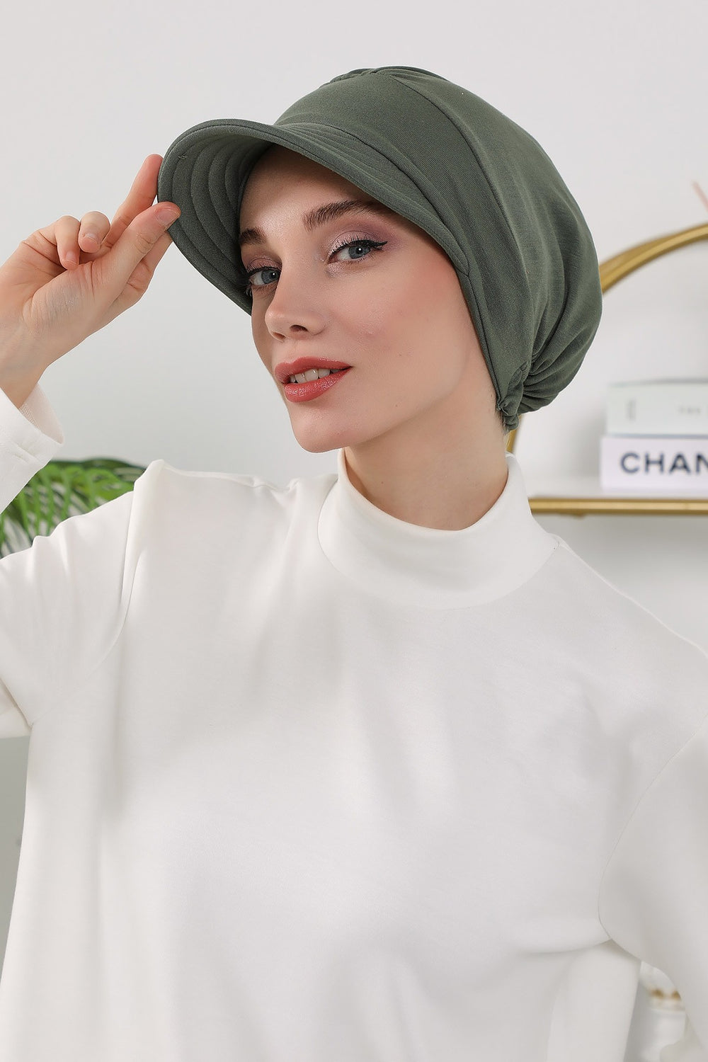 Women’s Turban Hat with Sun Visor, All Seasons Visor Turban Hat Headscarf for Women, Comfortable One Size Modest Head Cover,B-73O Army Green
