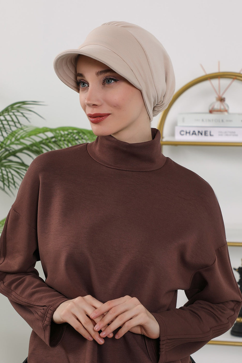 Women’s Turban Hat with Sun Visor, All Seasons Visor Turban Hat Headscarf for Women, Comfortable One Size Modest Head Cover,B-73O Beige