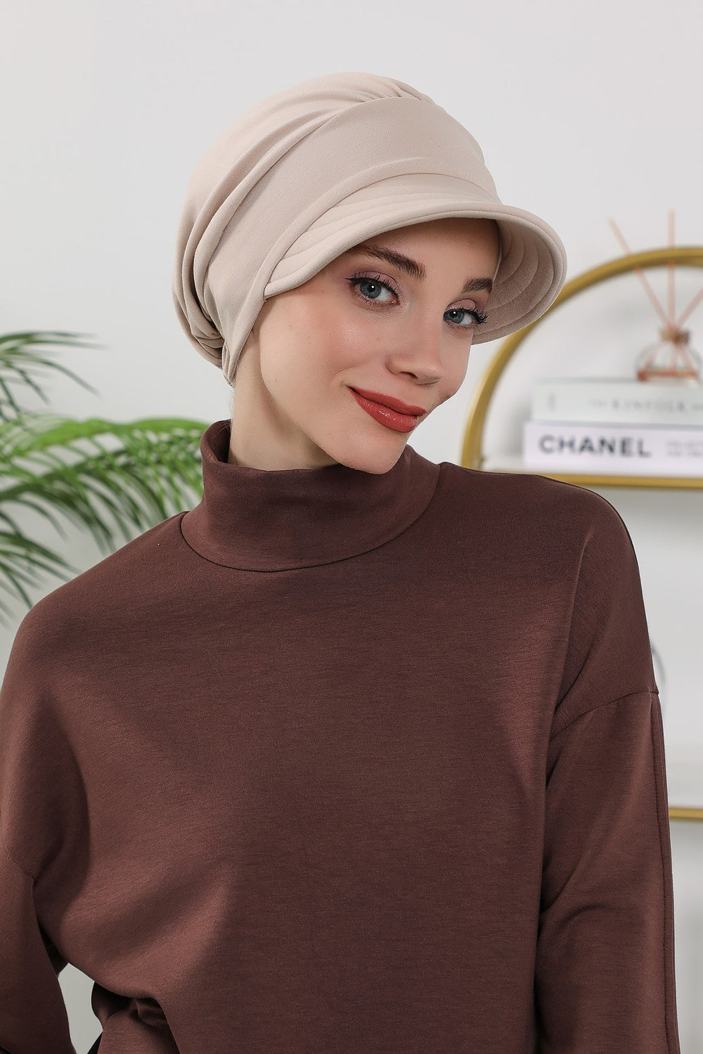 Women’s Turban Hat with Sun Visor, All Seasons Visor Turban Hat Headscarf for Women, Comfortable One Size Modest Head Cover,B-73O Beige