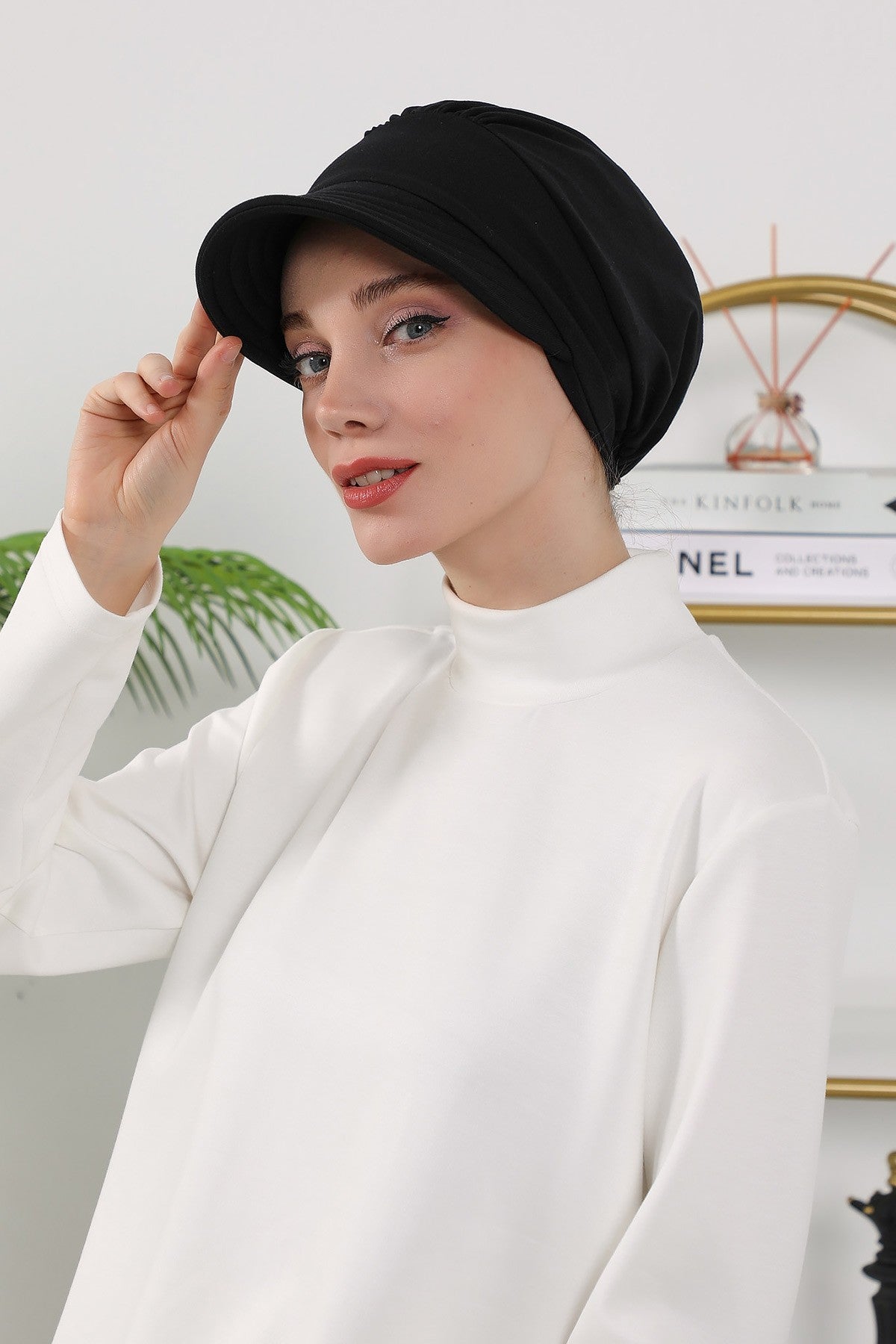 Women’s Turban Hat with Sun Visor, All Seasons Visor Turban Hat Headscarf for Women, Comfortable One Size Modest Head Cover,B-73O Black