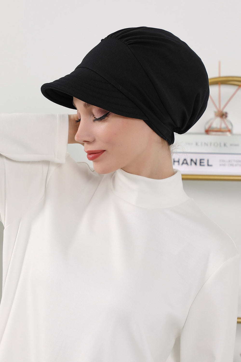 Women’s Turban Hat with Sun Visor, All Seasons Visor Turban Hat Headscarf for Women, Comfortable One Size Modest Head Cover,B-73O Black