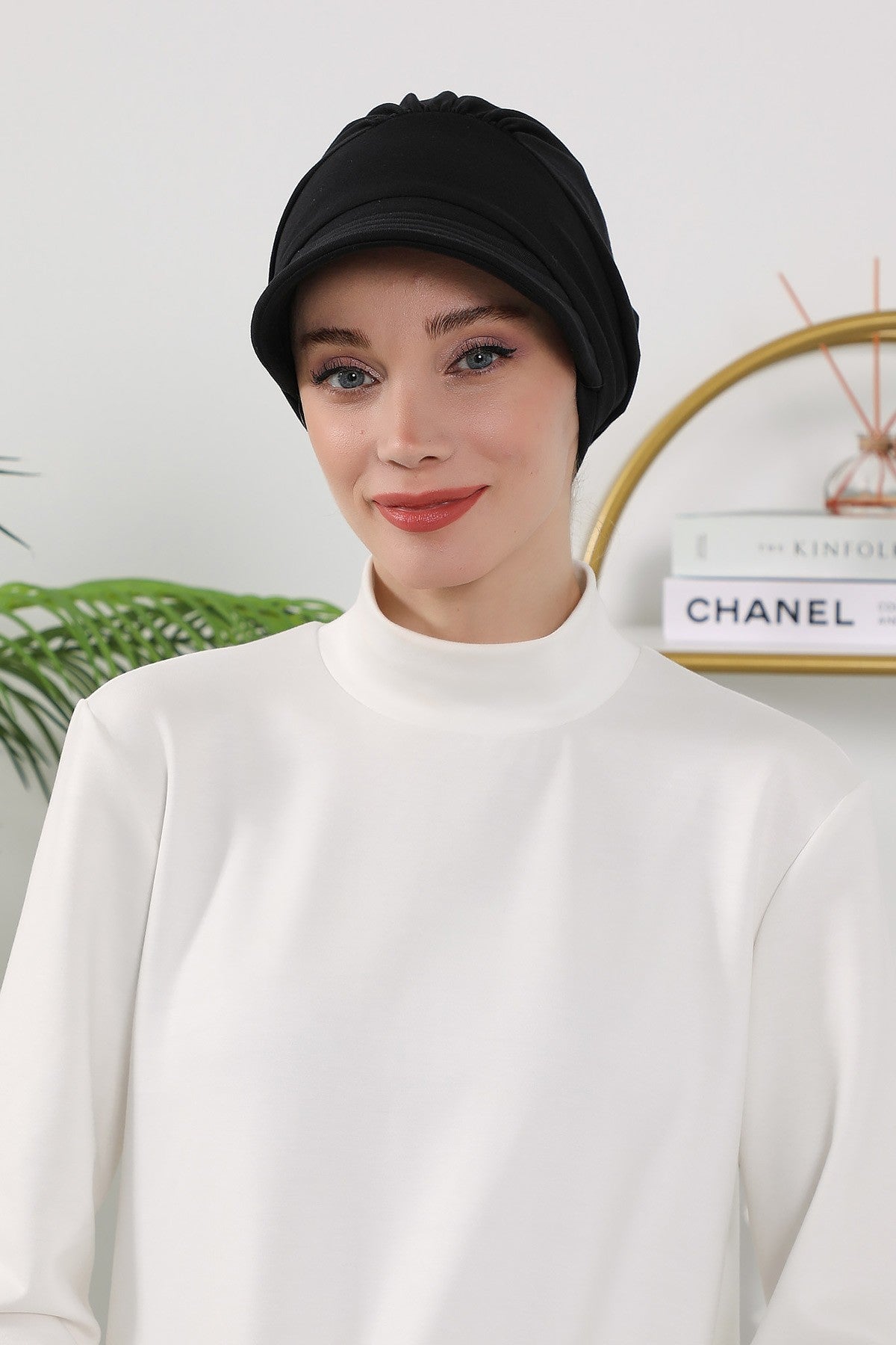 Women’s Turban Hat with Sun Visor, All Seasons Visor Turban Hat Headscarf for Women, Comfortable One Size Modest Head Cover,B-73O Black