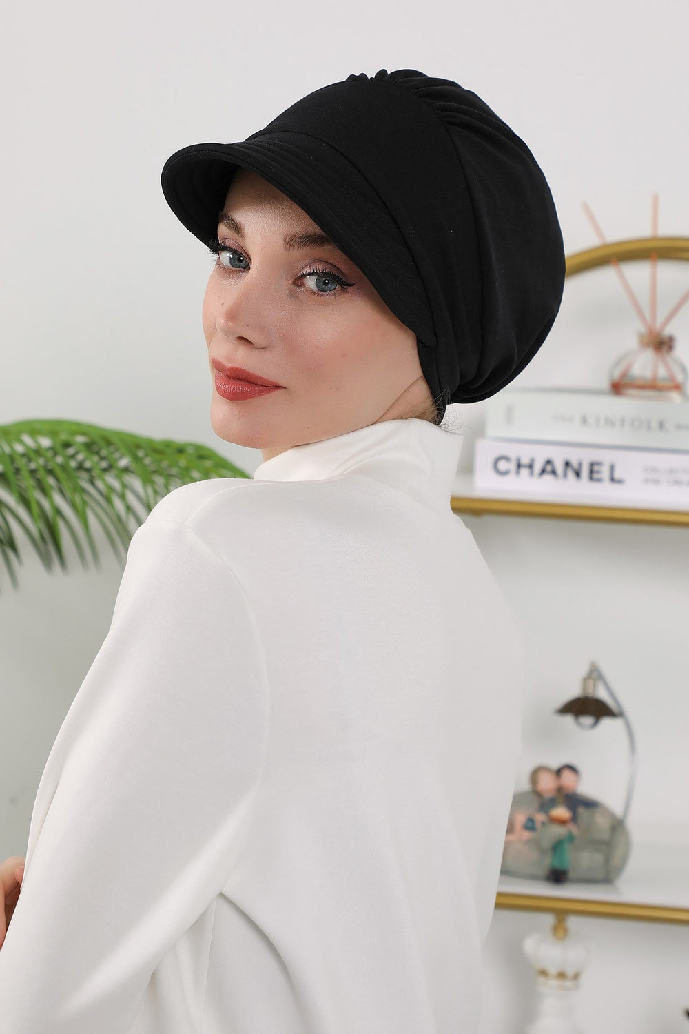 Women’s Turban Hat with Sun Visor, All Seasons Visor Turban Hat Headscarf for Women, Comfortable One Size Modest Head Cover,B-73O Black
