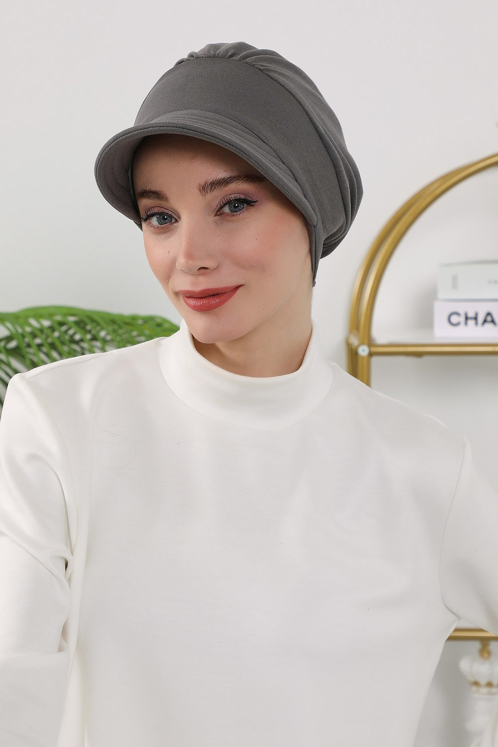 Women’s Turban Hat with Sun Visor, All Seasons Visor Turban Hat Headscarf for Women, Comfortable One Size Modest Head Cover,B-73O Anthracite