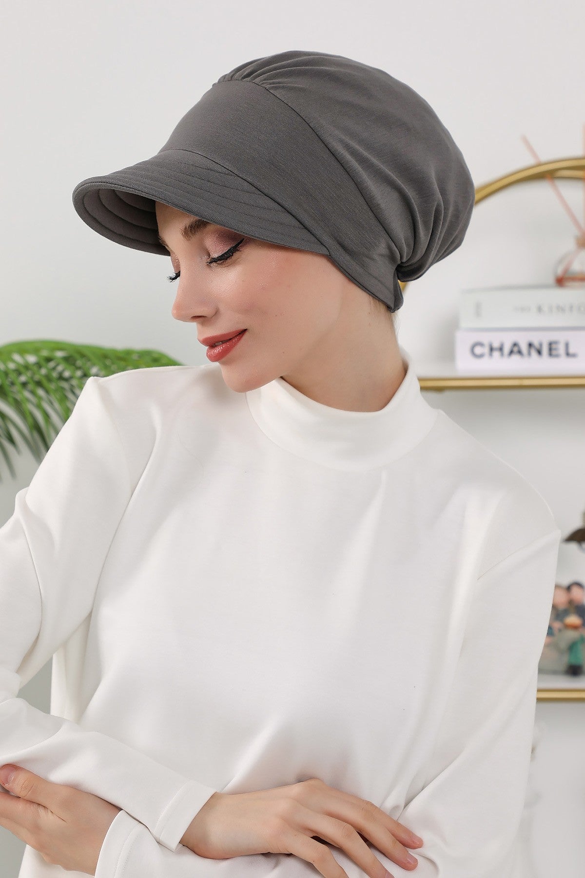 Women’s Turban Hat with Sun Visor, All Seasons Visor Turban Hat Headscarf for Women, Comfortable One Size Modest Head Cover,B-73O Anthracite