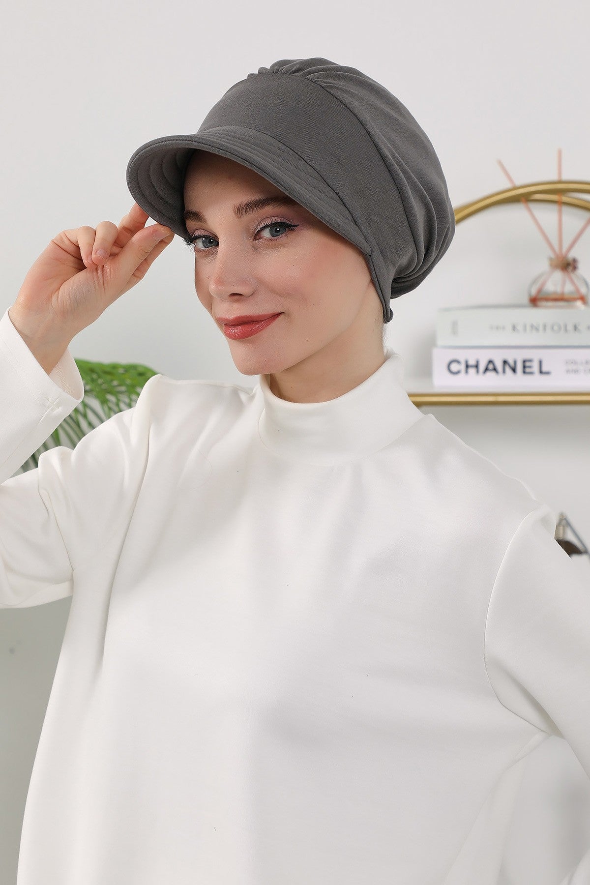 Women’s Turban Hat with Sun Visor, All Seasons Visor Turban Hat Headscarf for Women, Comfortable One Size Modest Head Cover,B-73O Anthracite