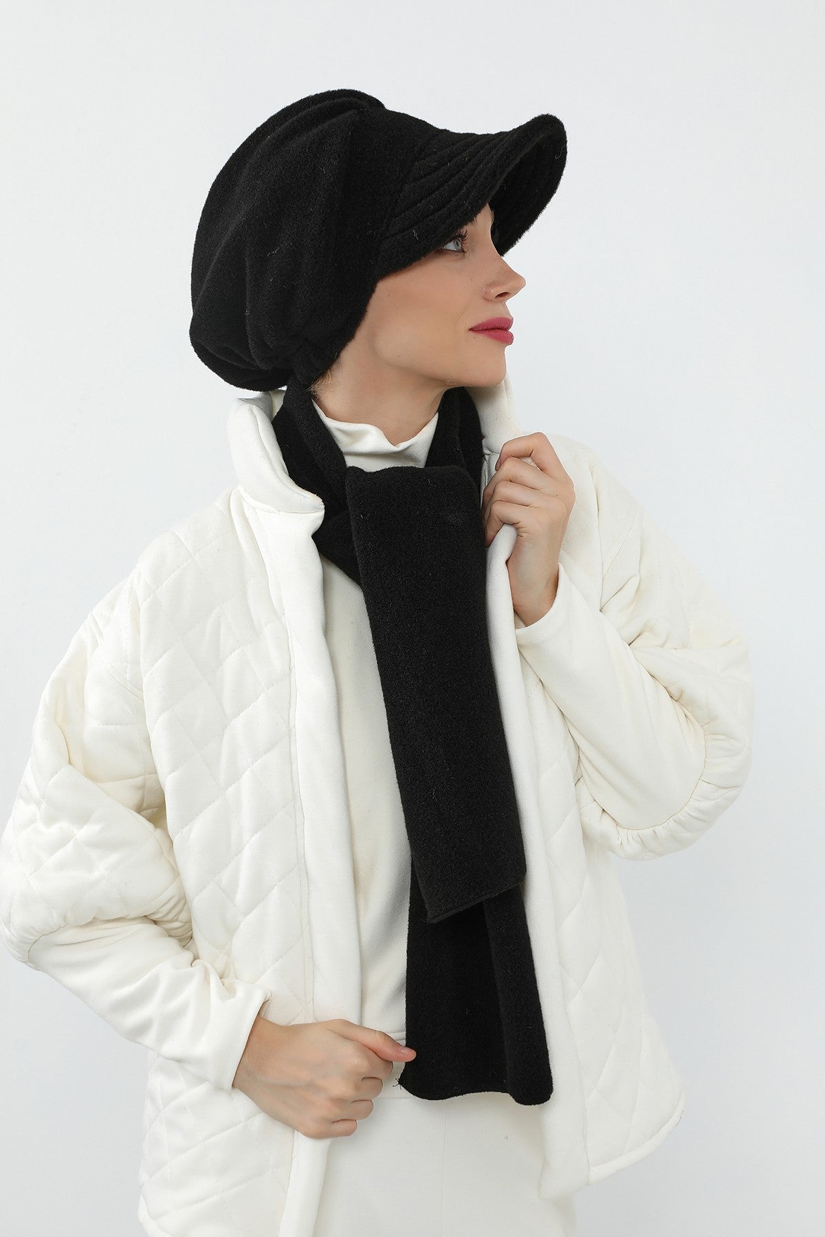 Women’s Winter Felted Wool Visor Turban & Matching Scarf Set,BAT-2DK