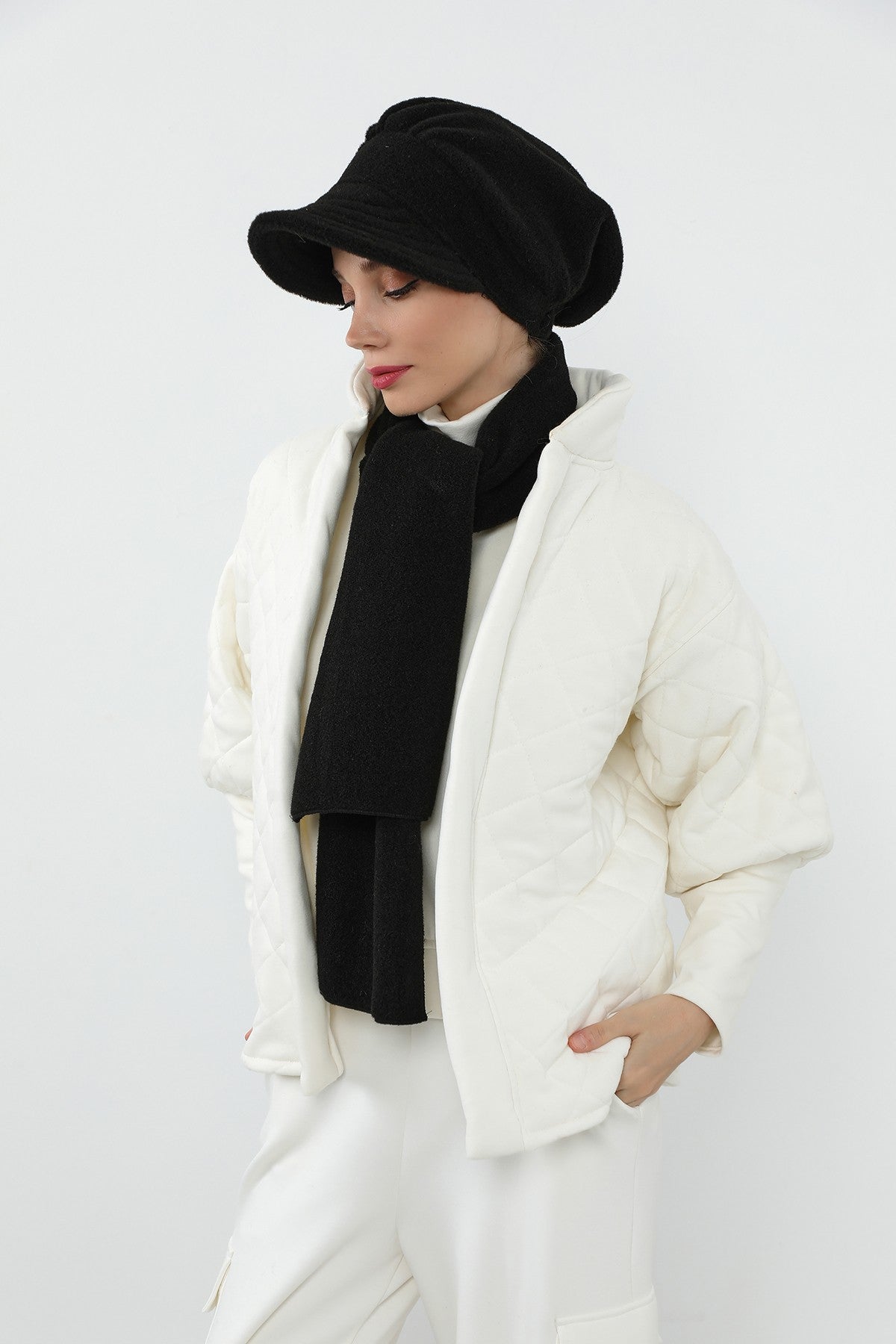 Women’s Winter Felted Wool Visor Turban & Matching Scarf Set,BAT-2DK