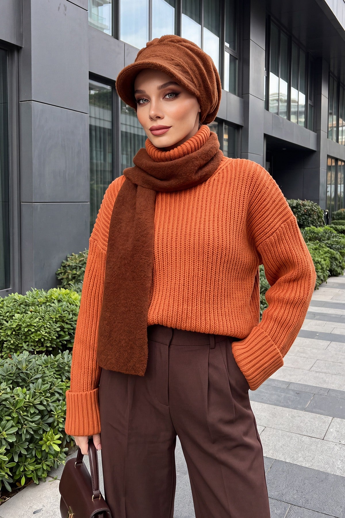 Women’s Winter Felted Wool Visor Turban & Matching Scarf Set,BAT-2DK Brown