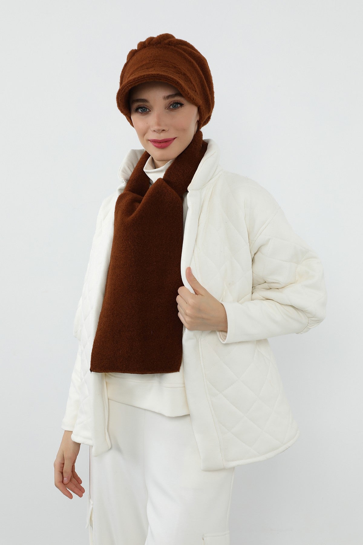 Women’s Winter Felted Wool Visor Turban & Matching Scarf Set,BAT-2DK