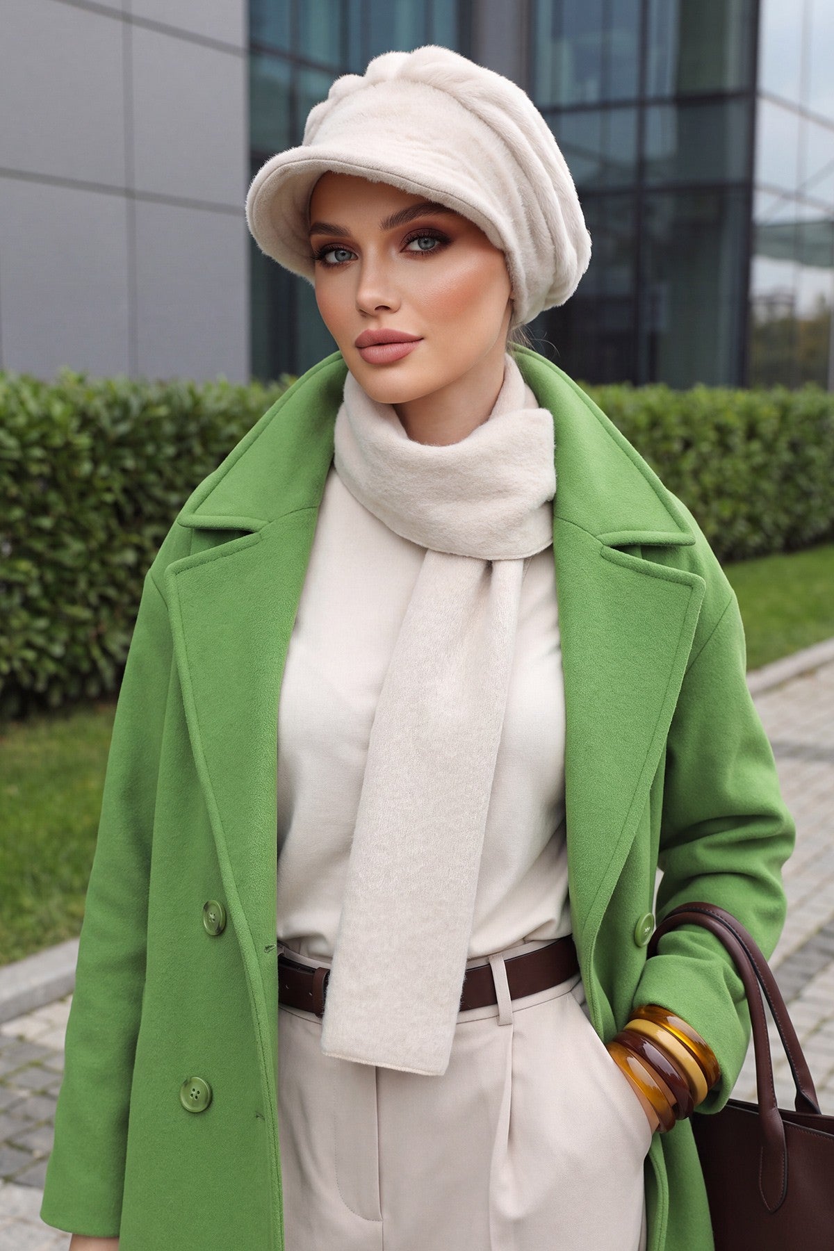 Women’s Winter Felted Wool Visor Turban & Matching Scarf Set,BAT-2DK Ivory