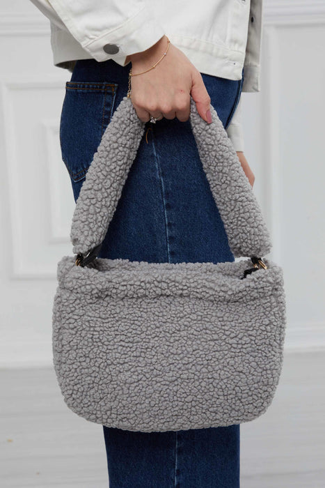 Zippered Teddy Fabric Shoulder Bag Handbag Handmade Daily Bag for Women,CE-14 Grey - Black