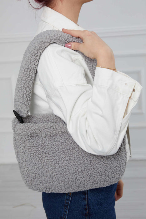 Zippered Teddy Fabric Shoulder Bag Handbag Handmade Daily Bag for Women,CE-14 Grey - Black