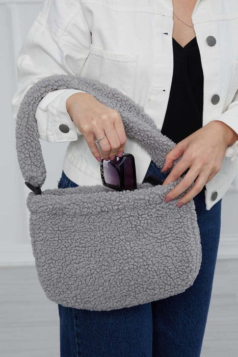 Zippered Teddy Fabric Shoulder Bag Handbag Handmade Daily Bag for Women,CE-14 Grey - Black