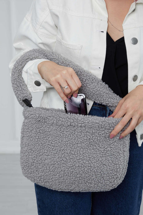 Zippered Teddy Fabric Shoulder Bag Handbag Handmade Daily Bag for Women,CE-14 Grey - Black
