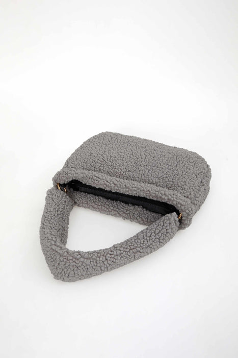 Zippered Teddy Fabric Shoulder Bag Handbag Handmade Daily Bag for Women,CE-14 Grey - Black
