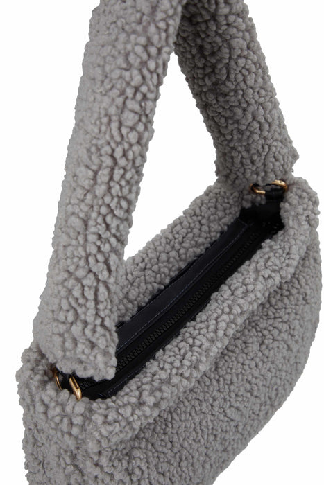 Zippered Teddy Fabric Shoulder Bag Handbag Handmade Daily Bag for Women,CE-14 Grey - Black