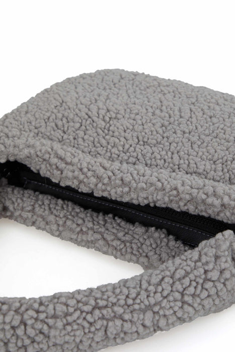 Zippered Teddy Fabric Shoulder Bag Handbag Handmade Daily Bag for Women,CE-14 Grey - Black