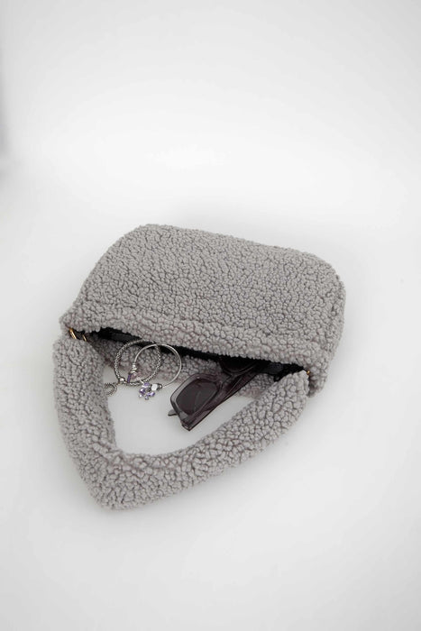 Zippered Teddy Fabric Shoulder Bag Handbag Handmade Daily Bag for Women,CE-14 Grey - Black