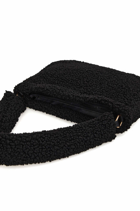 Zippered Teddy Fabric Shoulder Bag Handbag Handmade Daily Bag for Women,CE-14 Black - Black