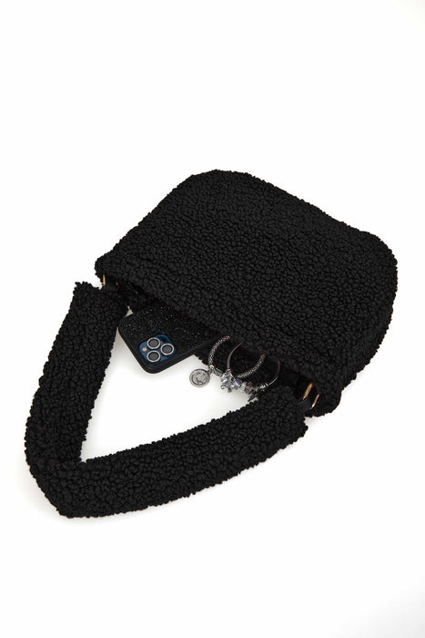 Zippered Teddy Fabric Shoulder Bag Handbag Handmade Daily Bag for Women,CE-14 Black - Black